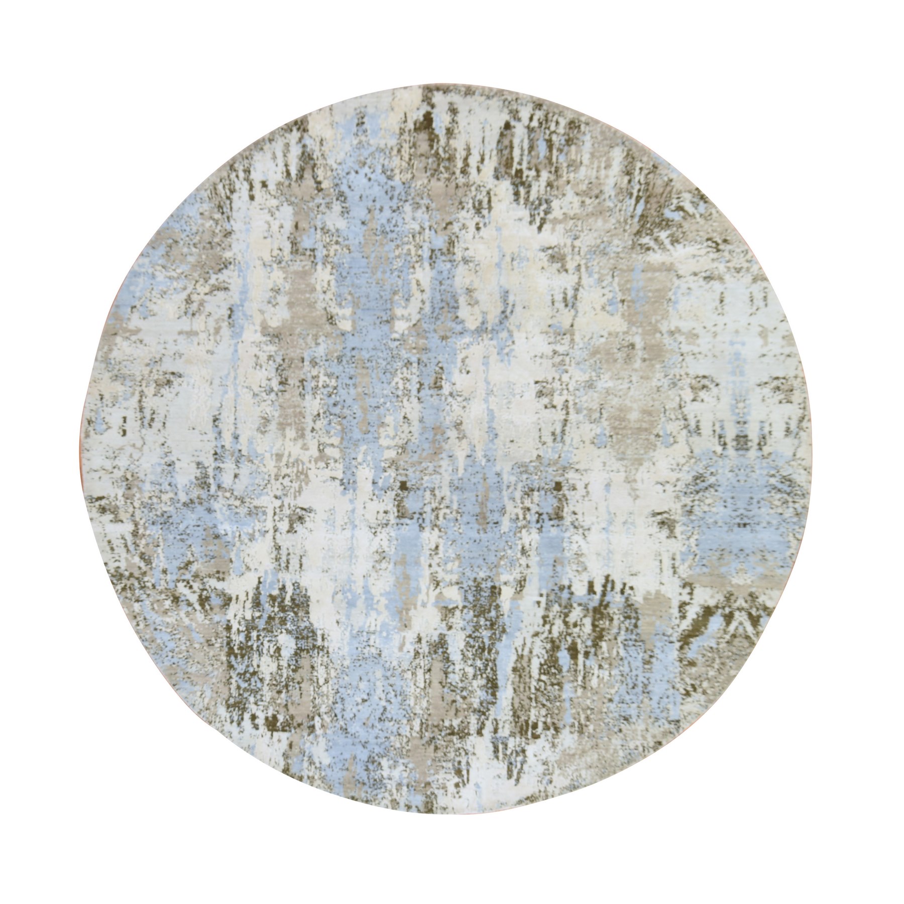8'x8' Ivory and Blue, Modern Abstract Design, Wool with Real Silk, Denser Weave, Hi-Low Pile, Hand Knotted, Round, Oriental Rug 